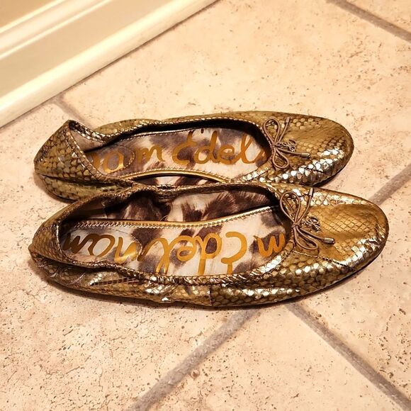 Sam Edelman "Felicia" Gold Snakeskin-Print Ballet Flats Size 9.5 - Picture 1 of 11